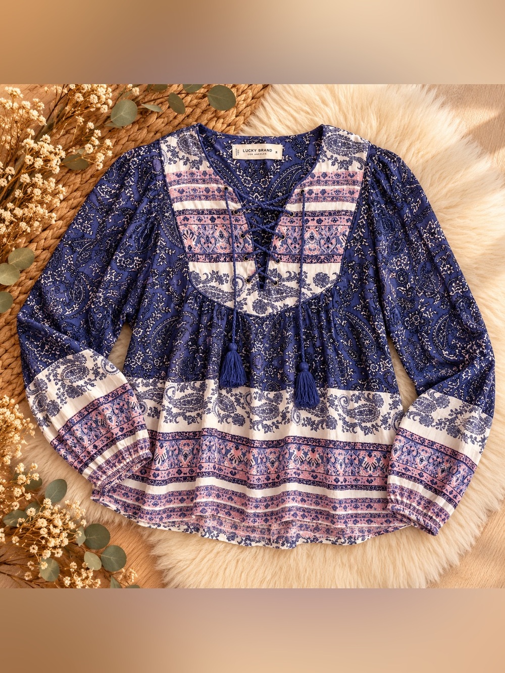 New Lucky Brand Boho Floral Paisley Peasant Blouse Blue White XS